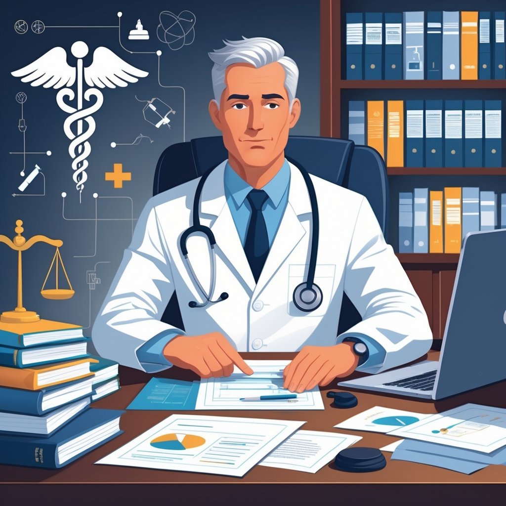 A medical legal expert in a white coat sitting at a desk with medical and legal documents, bookshelves behind, and symbols of medicine and law around them.