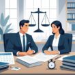 A lawyer and client discussing legal documents at a desk with a calendar and stopwatch, a scale of justice in the background.