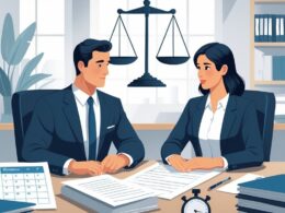 A lawyer and client discussing legal documents at a desk with a calendar and stopwatch, a scale of justice in the background.