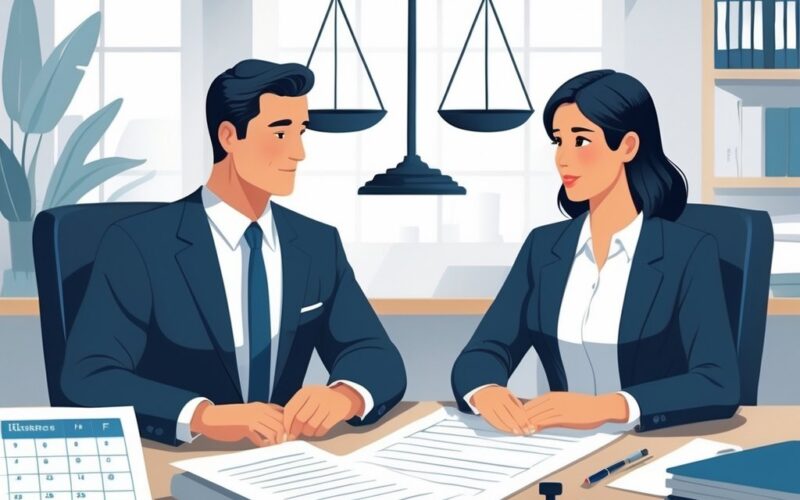 A lawyer and client discussing legal documents at a desk with a calendar and stopwatch, a scale of justice in the background.