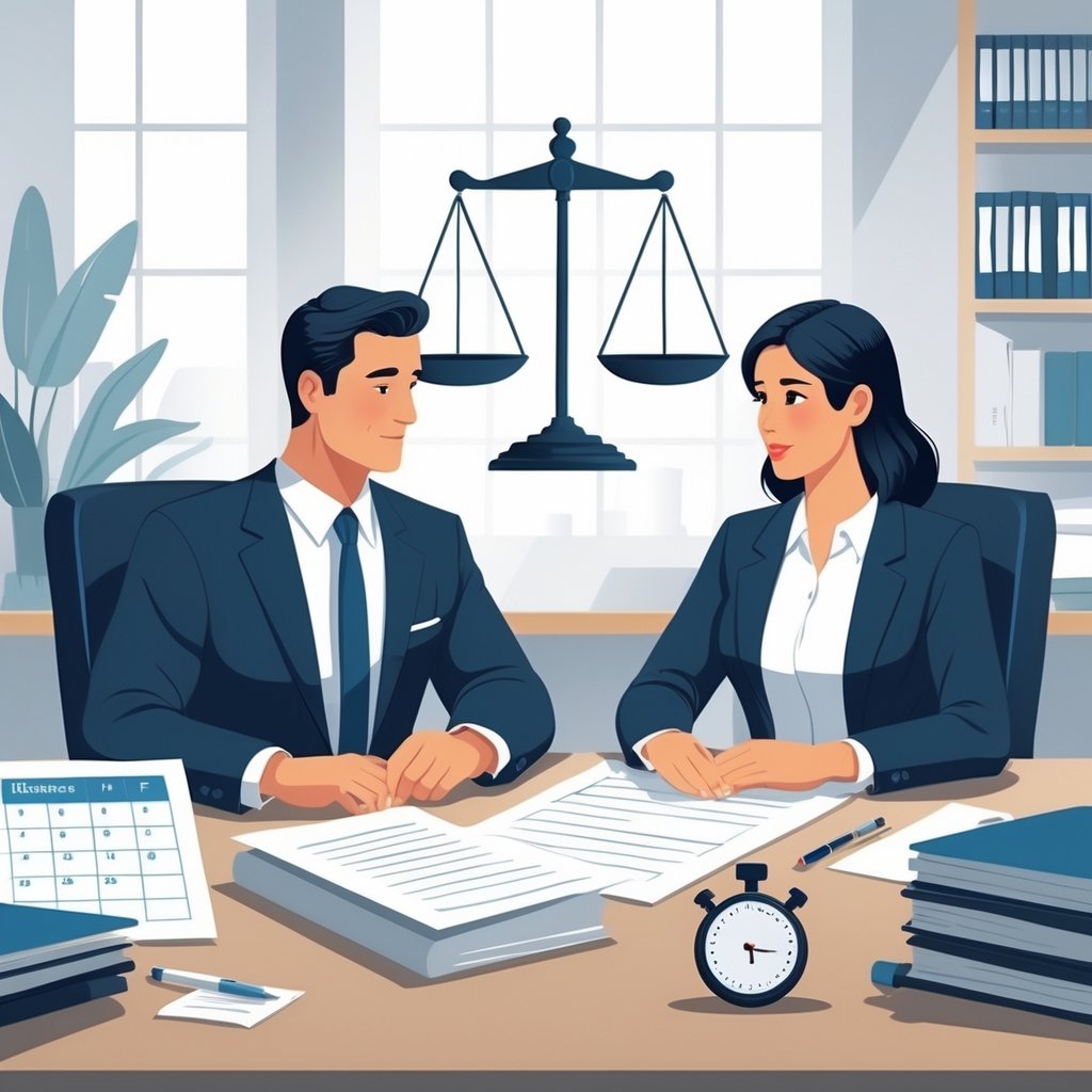 A lawyer and client discussing legal documents at a desk with a calendar and stopwatch, a scale of justice in the background.