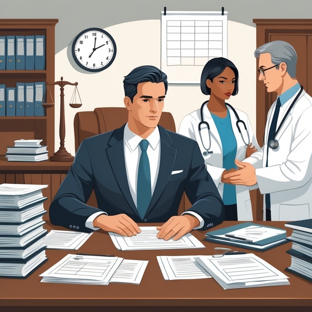 A lawyer reviews legal and medical documents at a desk while a patient and doctor discuss a case, with a courtroom and calendar in the background symbolizing the time involved in medical negligence cases.