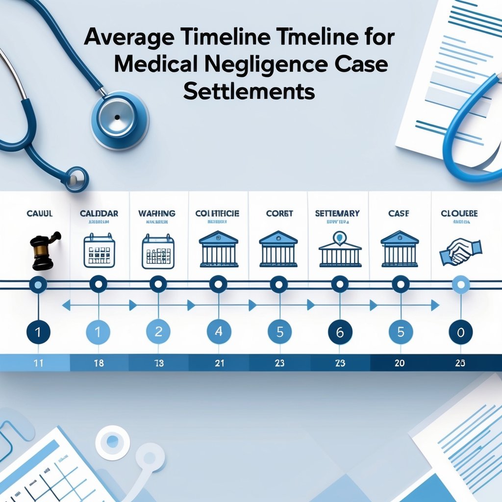 A timeline illustration showing stages of a medical negligence case settlement with icons representing legal filing, waiting, court proceedings, settlement, and case closure.