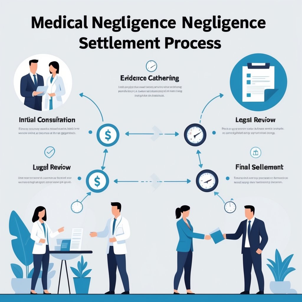 A step-by-step illustration showing the stages of a medical negligence settlement process, including consultation, evidence gathering, legal review, negotiation, and final settlement.