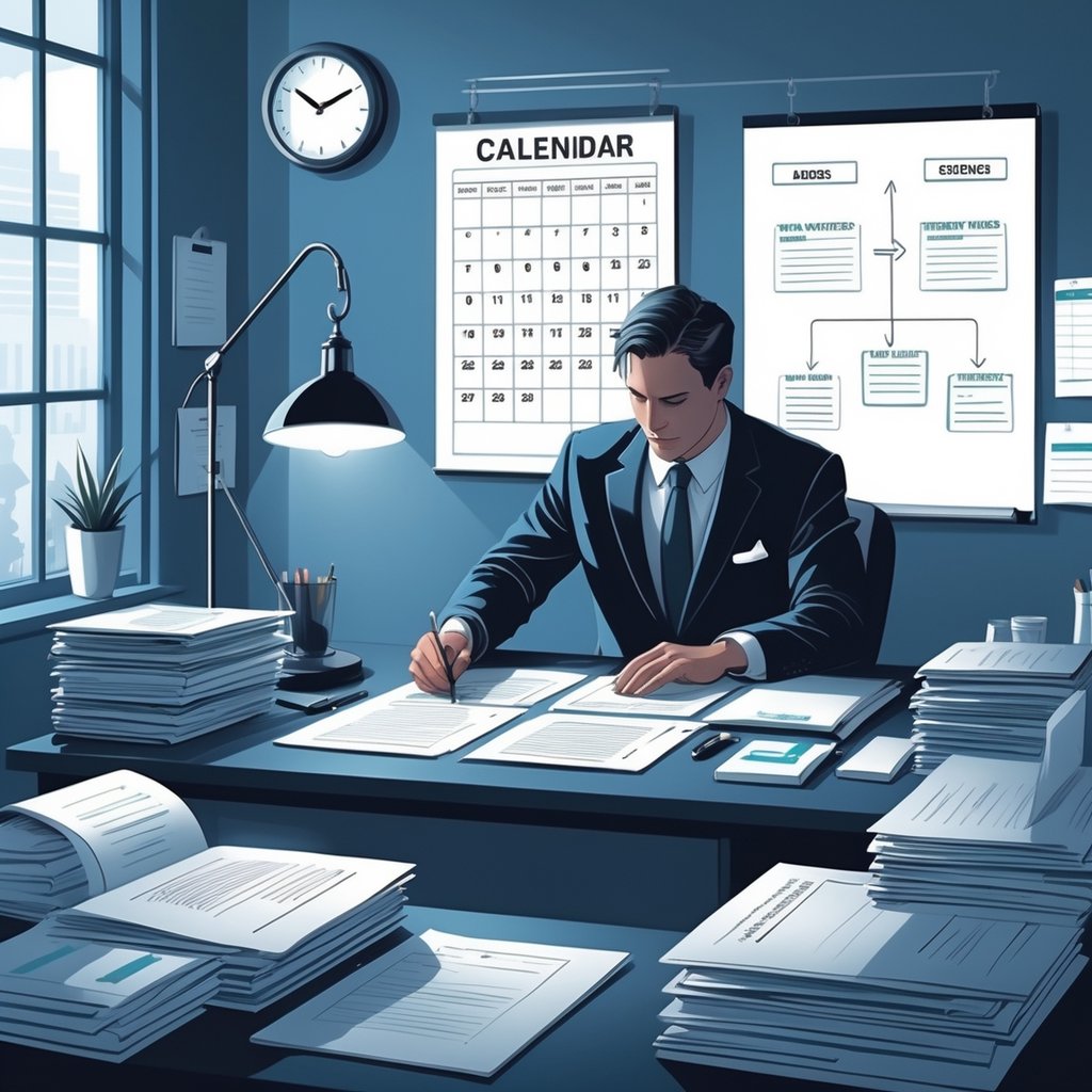 A lawyer reviewing medical documents at a desk with a calendar, clock, and scales of justice in an office, illustrating the lengthy process of medical negligence cases.