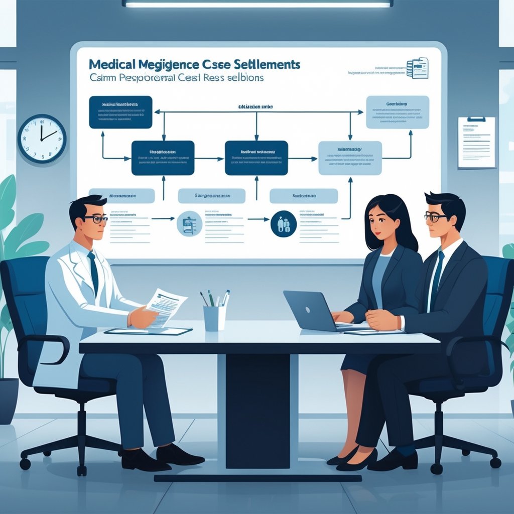 People sitting around a conference table engaged in a legal negotiation about medical negligence case settlements, with a flowchart showing the resolution process on a glass board behind them.
