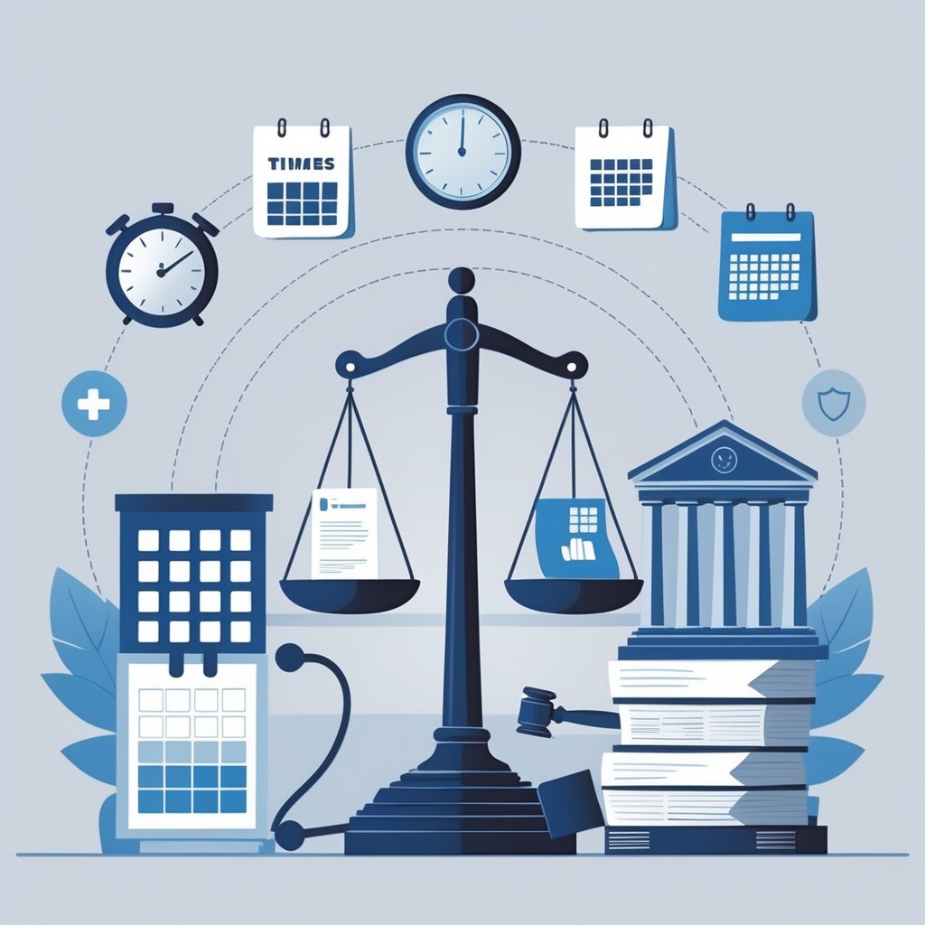 A balanced scale with medical documents on one side and legal papers on the other, surrounded by icons of a clock, calendar, courthouse, stethoscope, gavel, and paperwork, with hospital and law office outlines in the background.