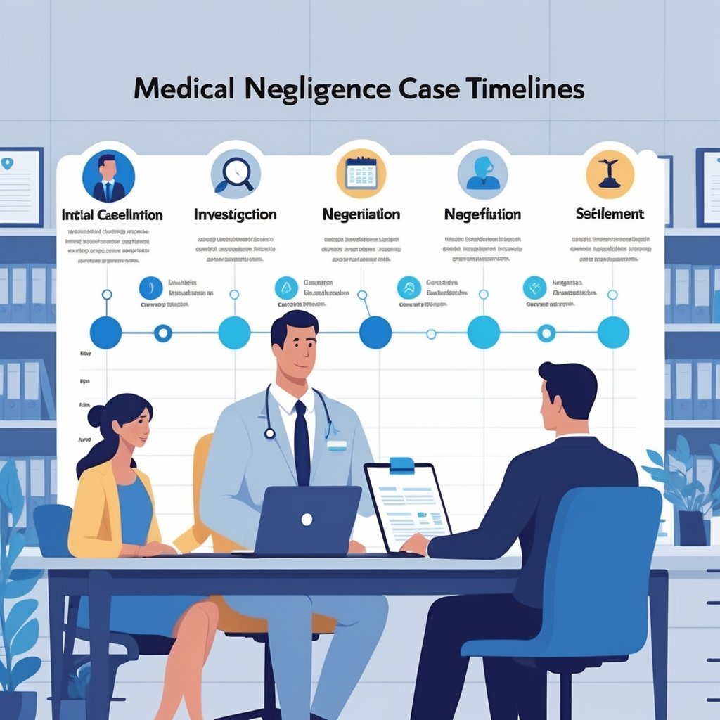 A lawyer discussing legal documents with a patient and family in an office, with a timeline graphic showing stages of a medical negligence case in the background.