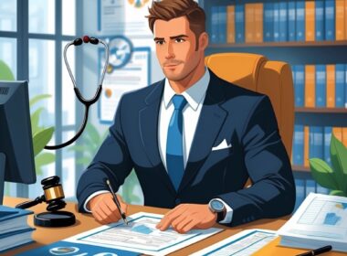 A medical malpractice attorney in an office reviewing documents with medical and legal items around.