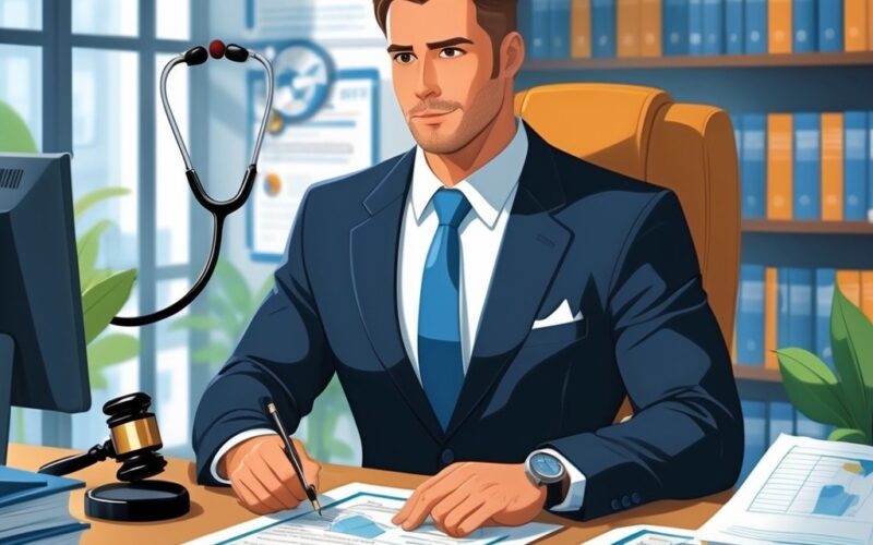 A medical malpractice attorney in an office reviewing documents with medical and legal items around.
