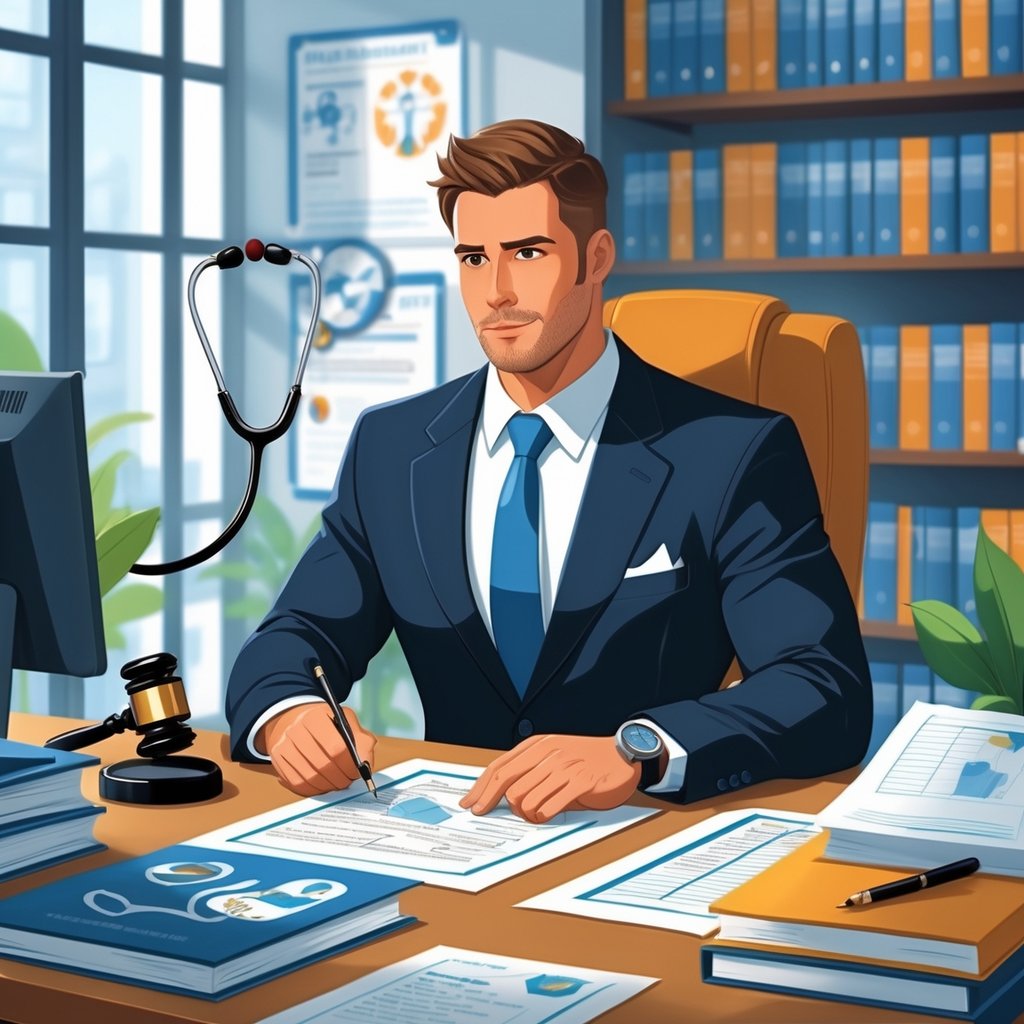 A medical malpractice attorney in an office reviewing documents with medical and legal items around.