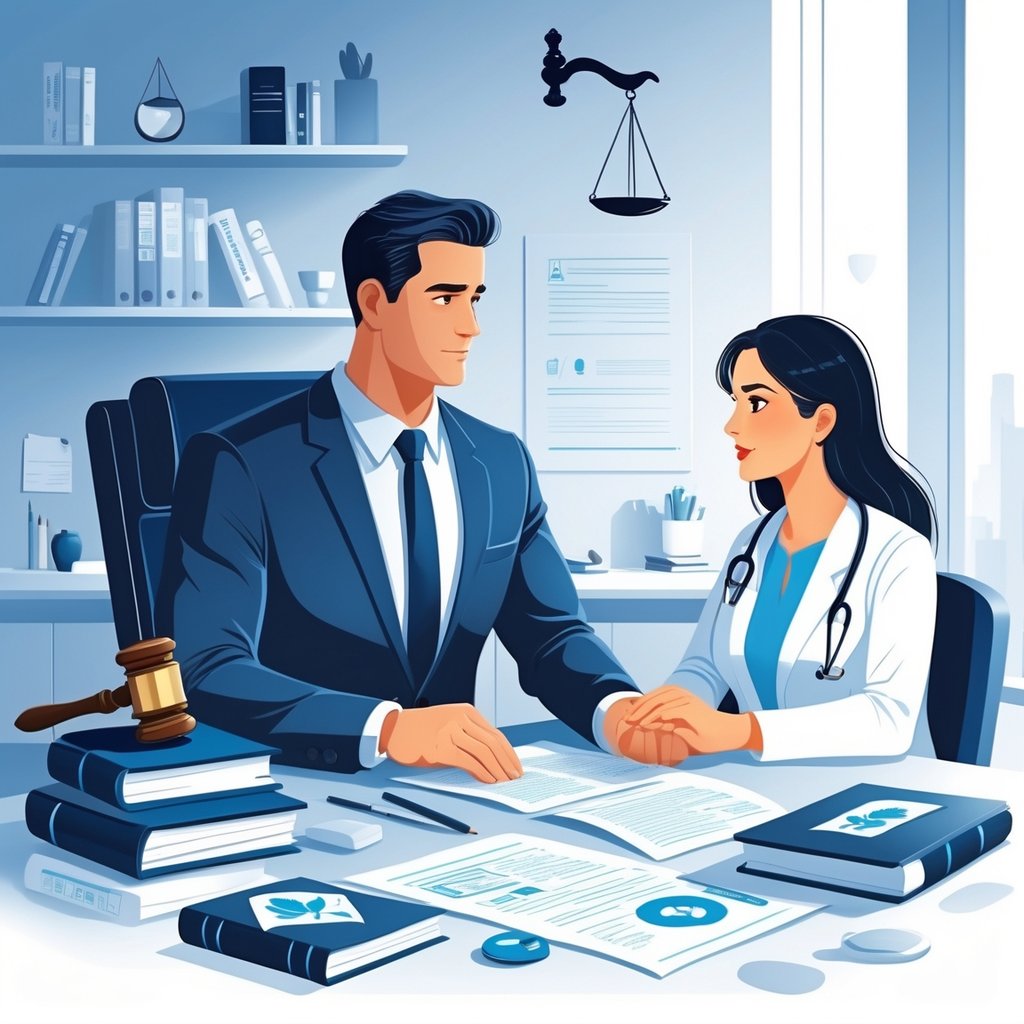 An attorney in an office talking with a concerned client, with legal and medical symbols in the background.