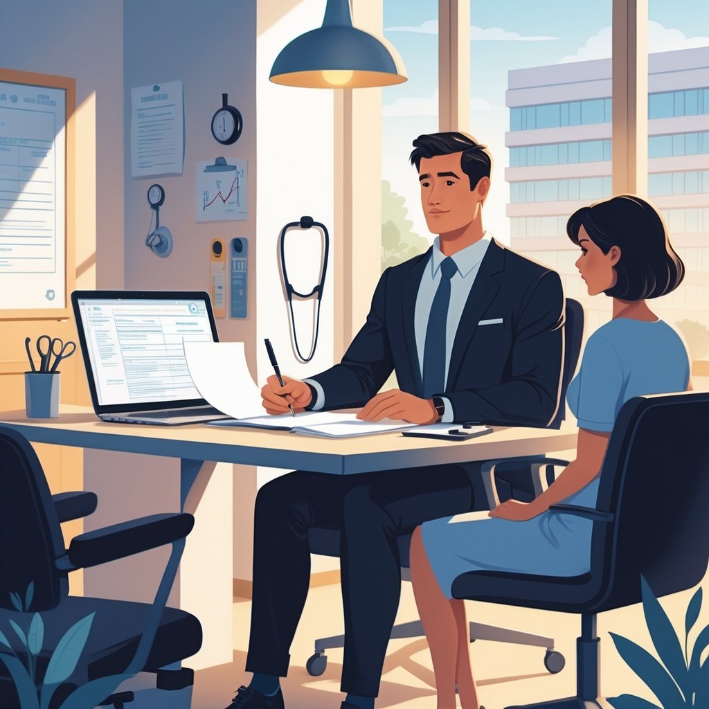An attorney talking with a patient in an office, with medical items like a stethoscope and a hospital visible in the background.