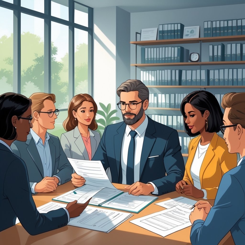 A medical malpractice attorney consulting with a client in a modern office surrounded by legal books and certificates.