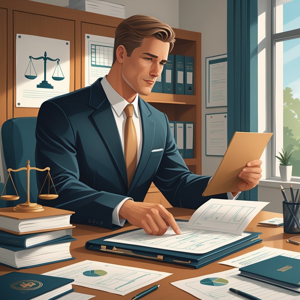 An attorney reviews legal documents and medical reports in an office with medical and legal elements visible.