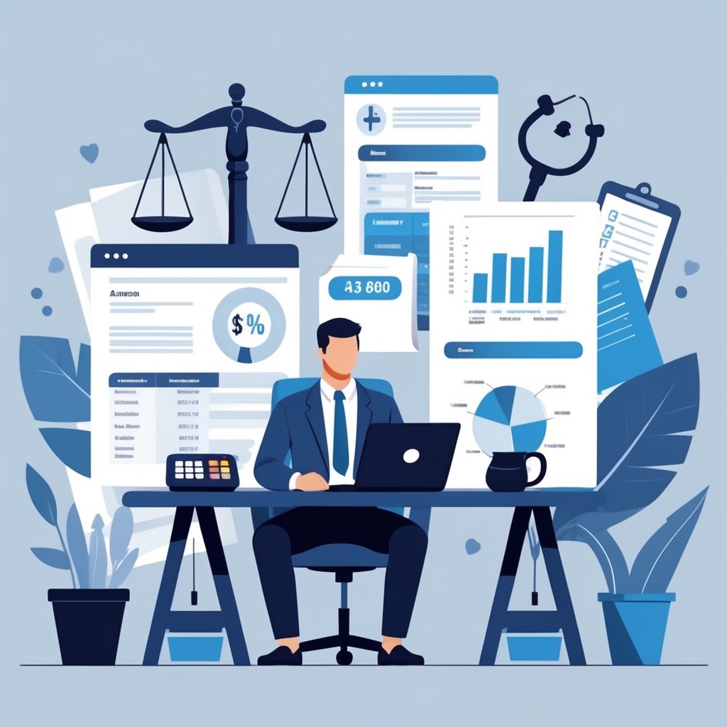 A lawyer at a desk reviewing documents and charts about legal fees with medical symbols like a stethoscope in the background.