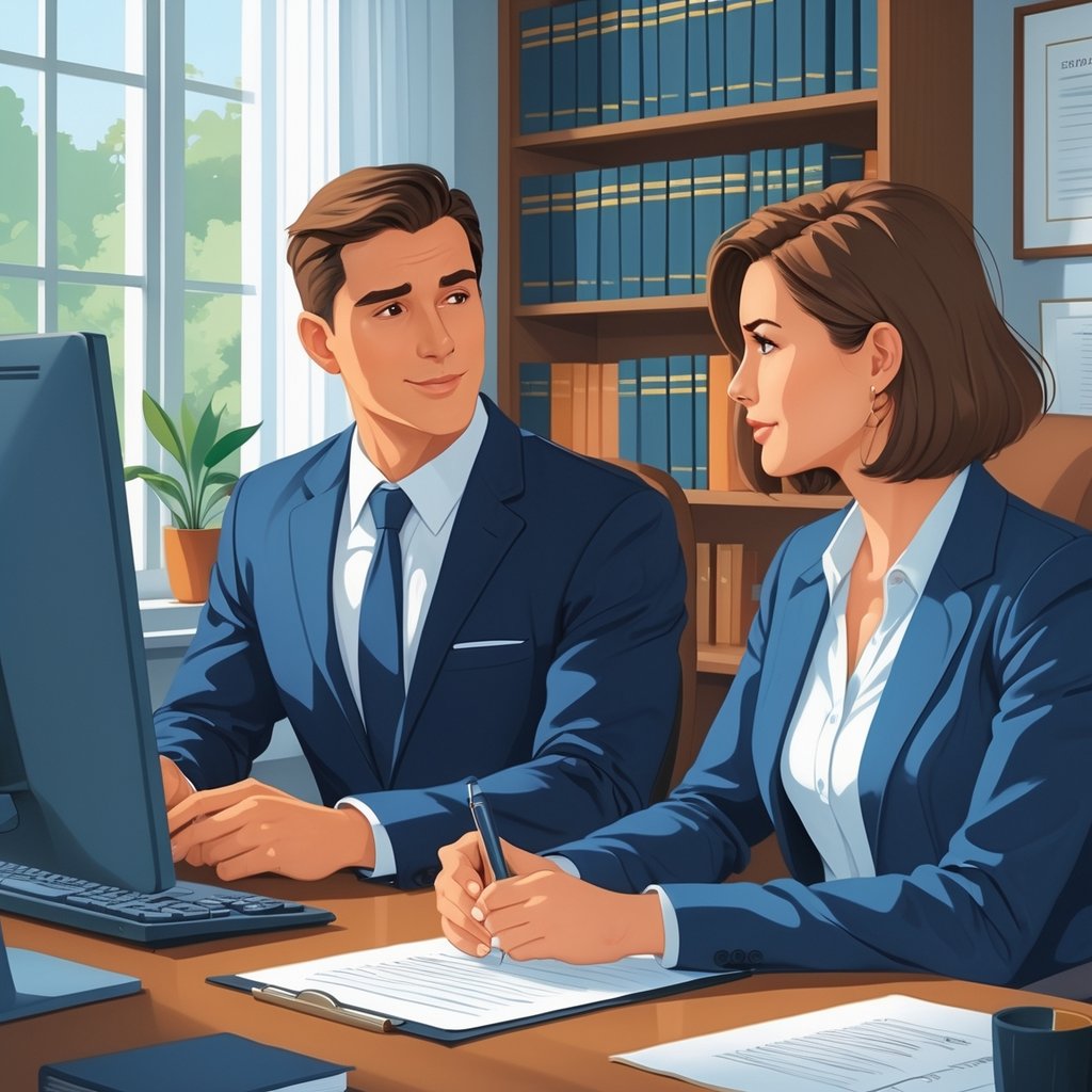 A person consulting with a medical malpractice attorney in a professional office setting.
