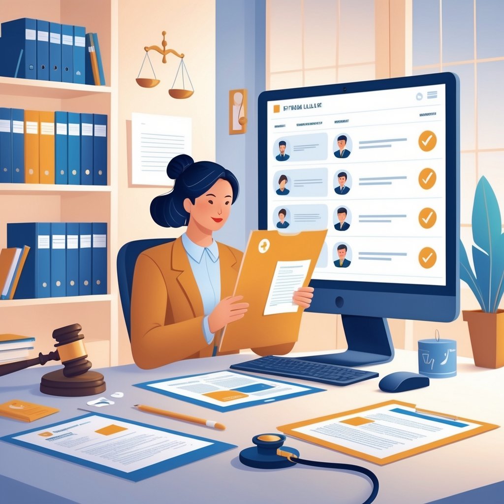 A person sitting at a desk reviewing documents with legal and medical items nearby, symbolizing the process of choosing a medical malpractice attorney.