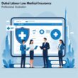 Two professionals discussing medical insurance documents in an office with Dubai skyline visible in the background.