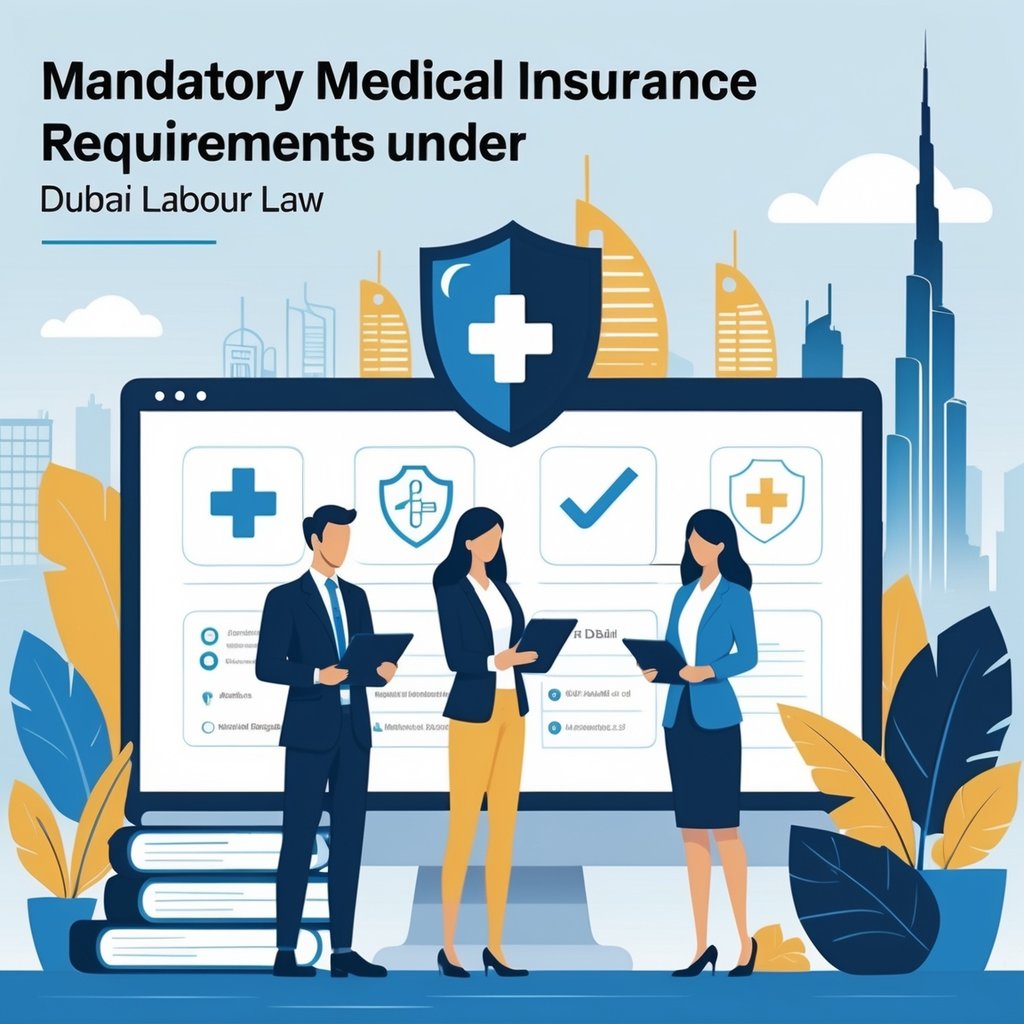 Office scene with diverse professionals reviewing medical insurance documents and healthcare icons with a Dubai skyline in the background.