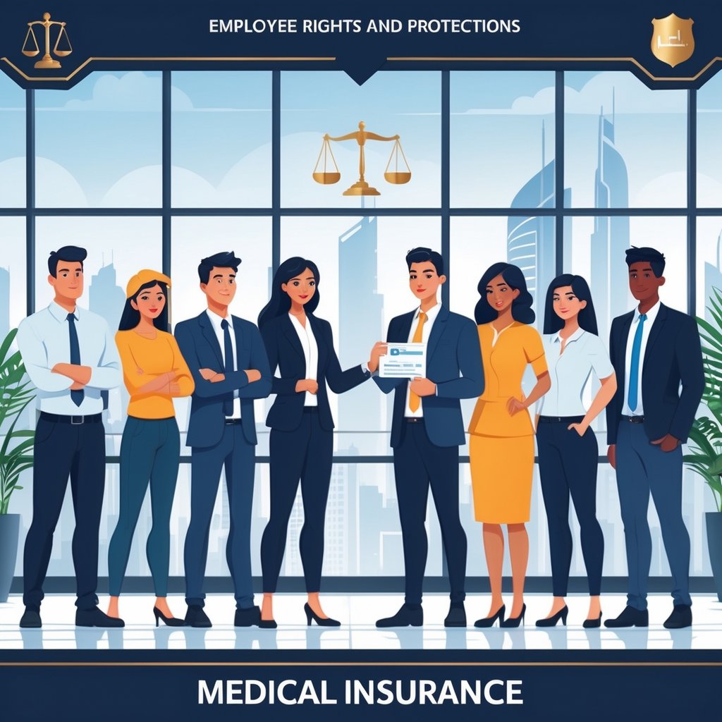 A diverse group of employees in an office with Dubai skyline, one holding a medical insurance card, with legal symbols representing labour rights in the background.