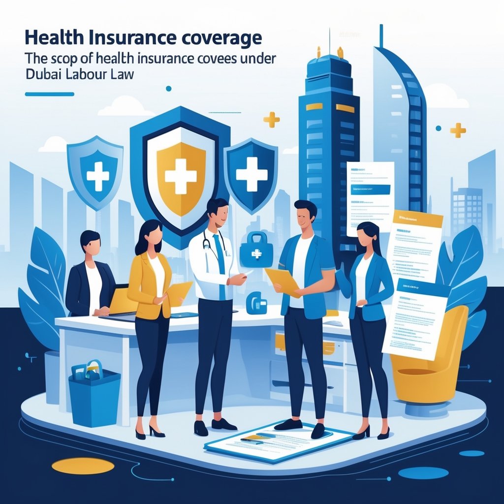 A group of employees interacting with healthcare and insurance professionals in an office, with a hospital, medical symbols, and Dubai cityscape in the background.