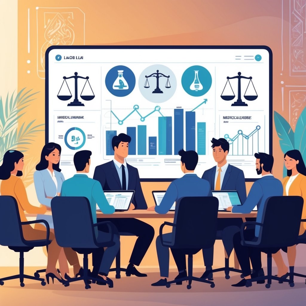 A group of business professionals discussing documents and charts about labour law and medical insurance in a modern office with Dubai landmarks in the background.
