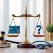 A balanced scale with a medical insurance card and stethoscope on one side and a question mark on the other, with a gavel and law books faintly visible in the background.