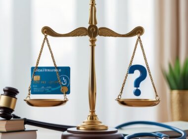 A balanced scale with a medical insurance card and stethoscope on one side and a question mark on the other, with a gavel and law books faintly visible in the background.