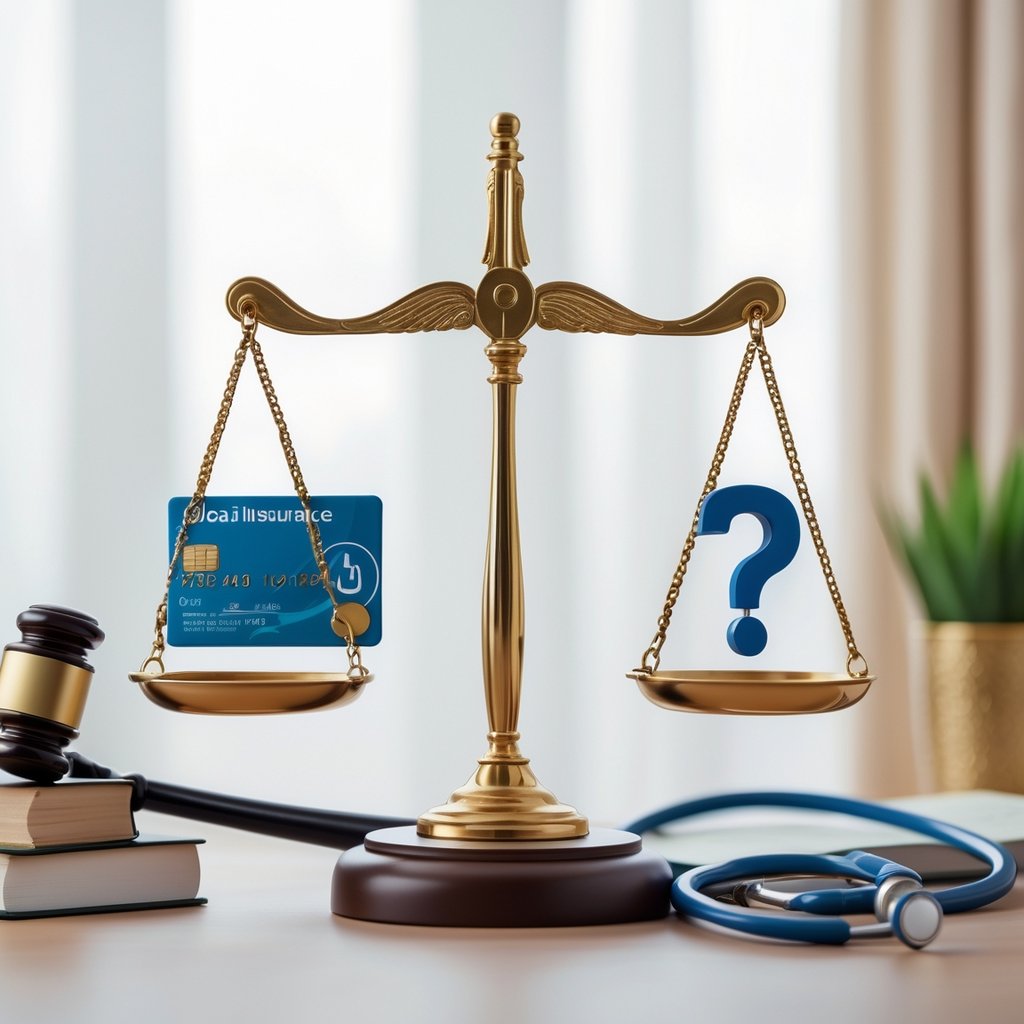 A balanced scale with a medical insurance card and stethoscope on one side and a question mark on the other, with a gavel and law books faintly visible in the background.