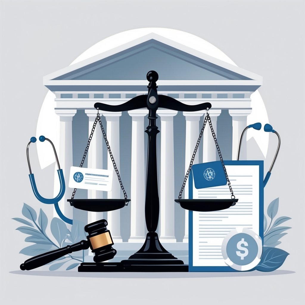 A balanced scale with a medical insurance card on one side and legal documents on the other, surrounded by a gavel, stethoscope, and a government building in the background.