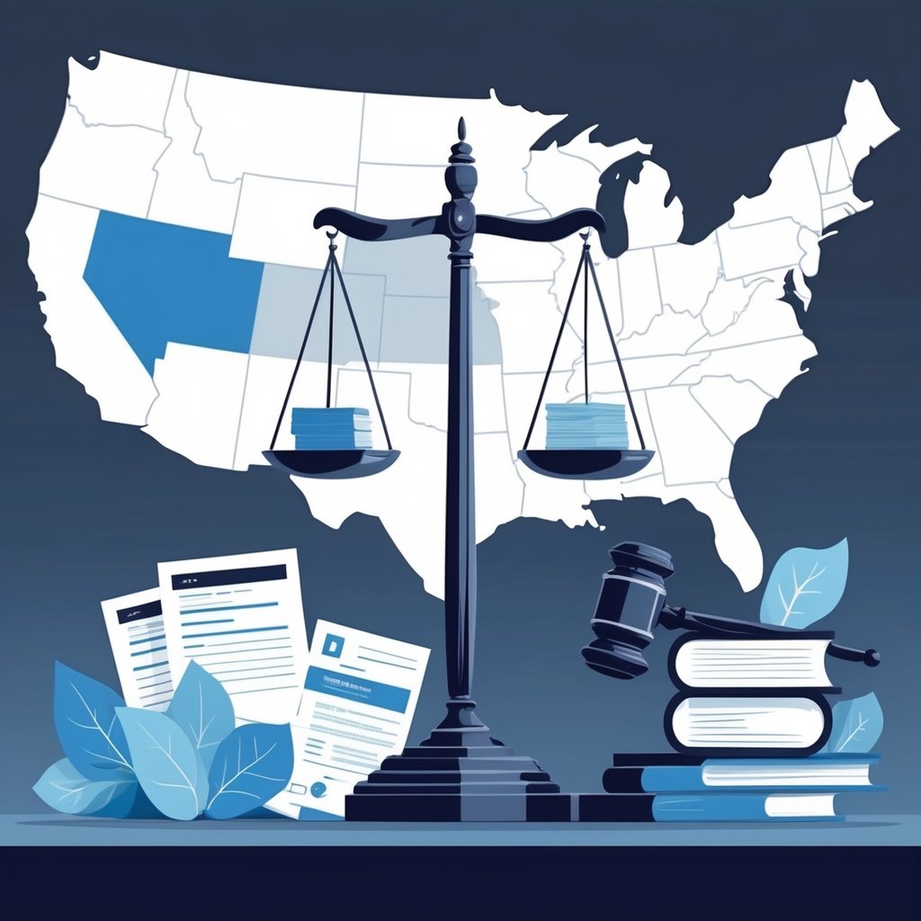 A balanced scale with medical insurance items on one side and legal symbols on the other, set against a faint map of the United States highlighting different states.