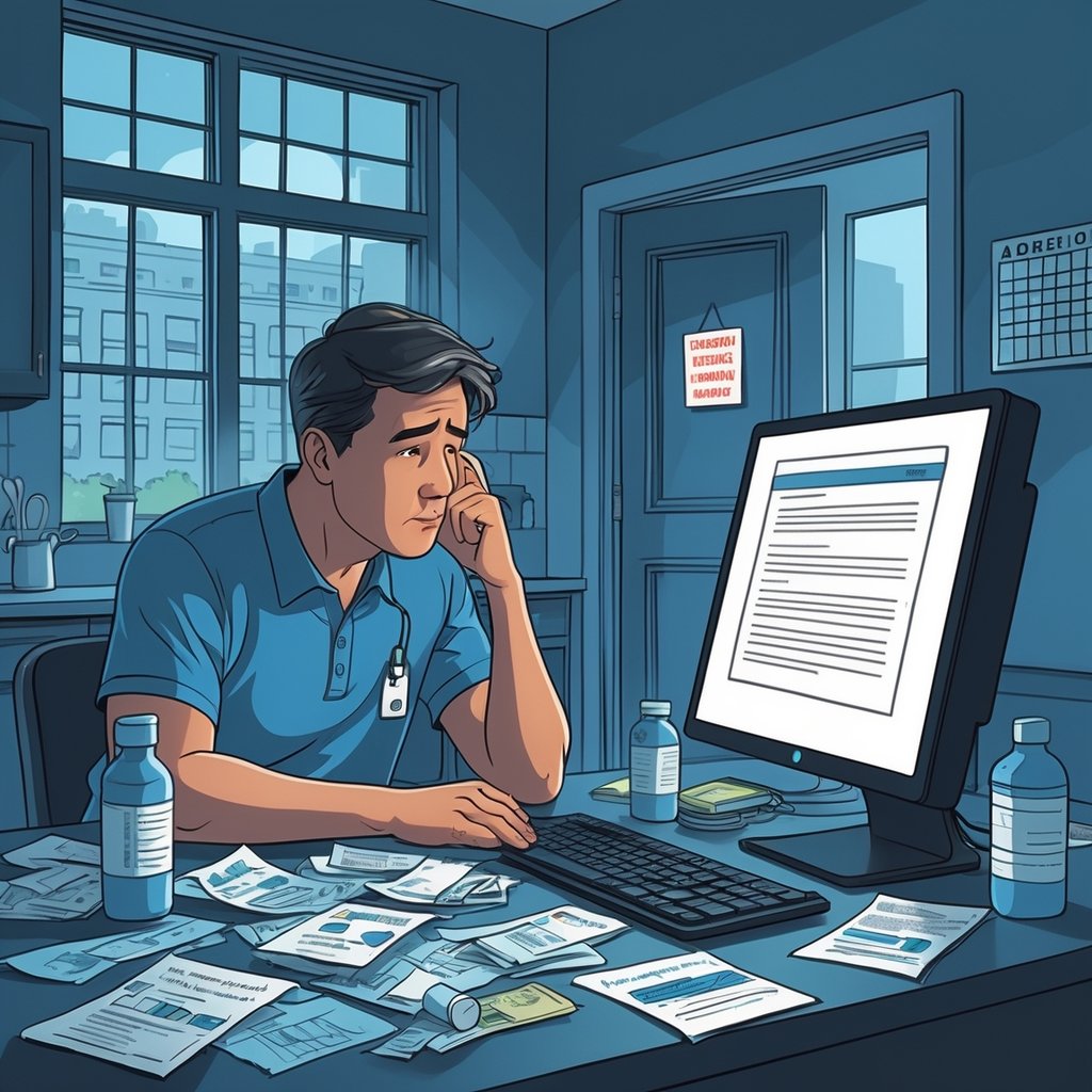 A worried person sitting at a table with medical bills and prescription bottles, looking at a computer screen with a legal document, with a hospital building and a calendar in the background.