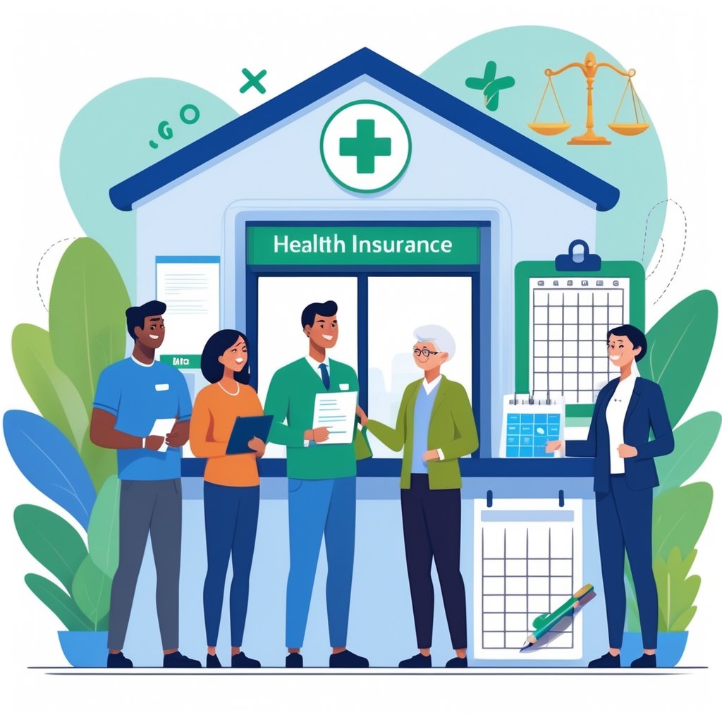 People interacting at a health insurance office with documents and legal symbols in the background representing health insurance coverage and legal considerations.