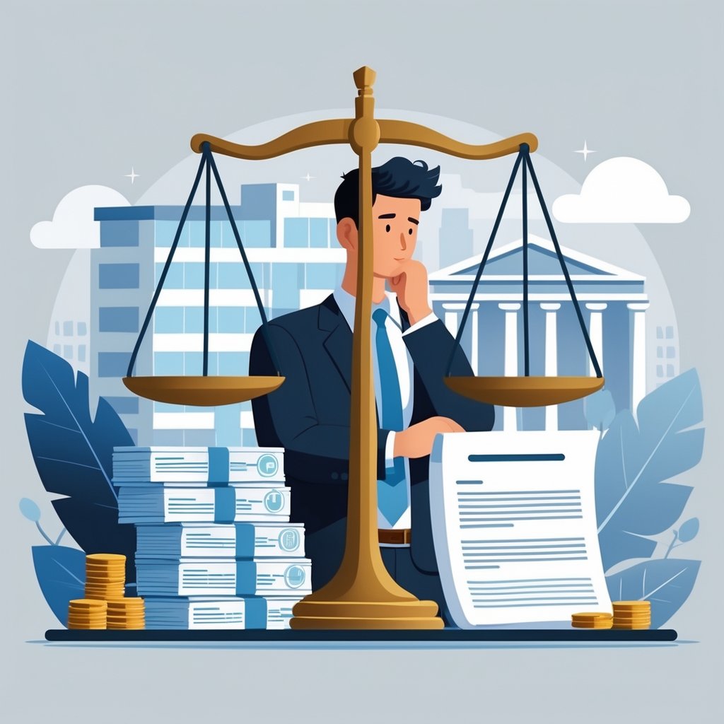 A person in business attire examining a balanced scale with medical bills on one side and a legal document on the other, with a hospital and courthouse in the background.