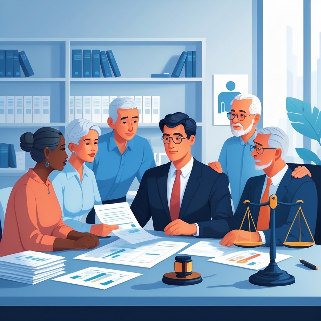 A group of people discussing medical insurance legality with a professional advisor in a modern office setting.