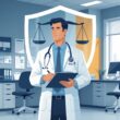 A doctor in a white coat standing thoughtfully in a medical office with a stethoscope and a clipboard, with a transparent shield and a tilted balance scale in the background.
