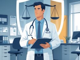 A doctor in a white coat standing thoughtfully in a medical office with a stethoscope and a clipboard, with a transparent shield and a tilted balance scale in the background.