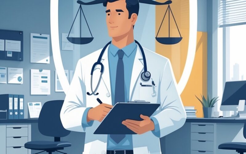 A doctor in a white coat standing thoughtfully in a medical office with a stethoscope and a clipboard, with a transparent shield and a tilted balance scale in the background.