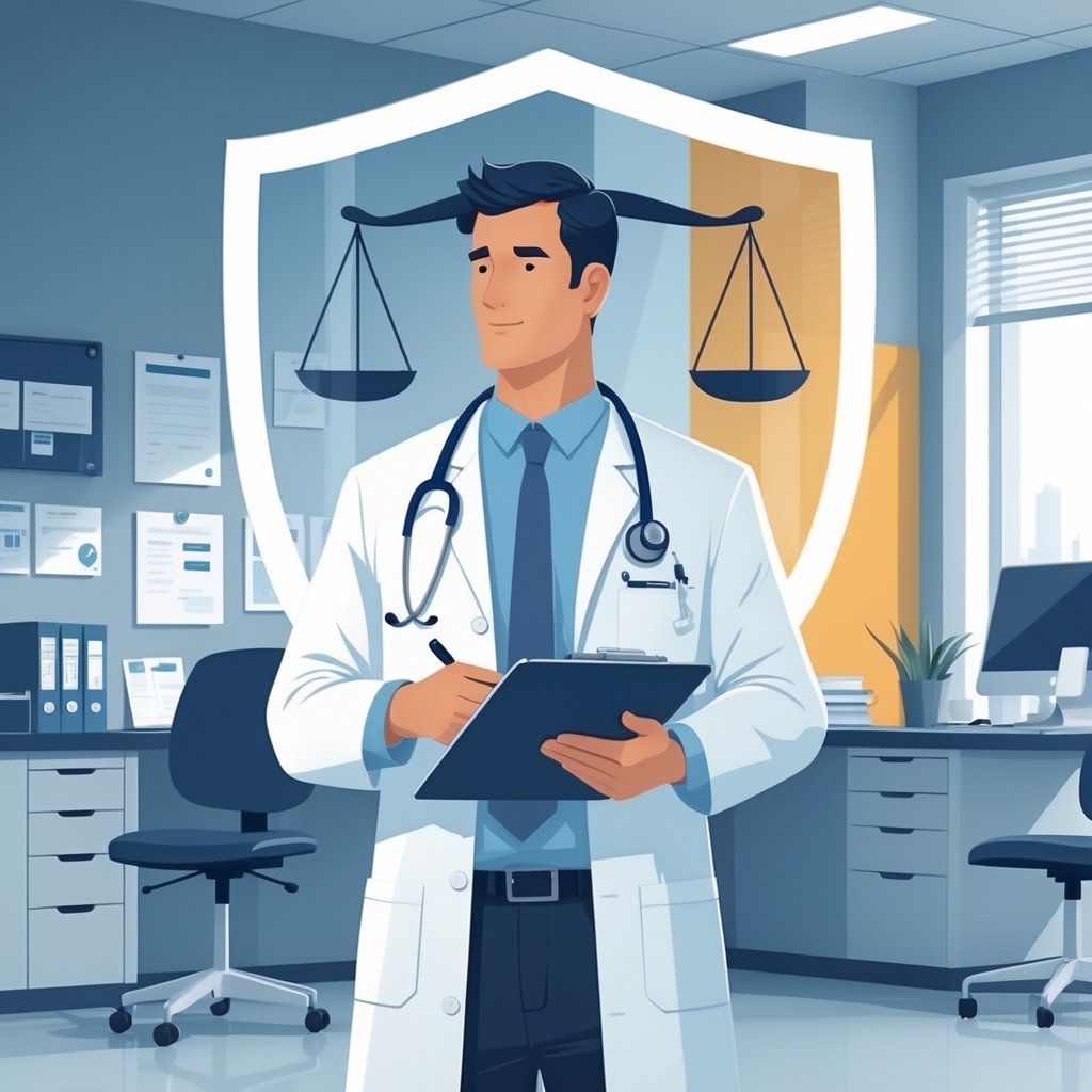 A doctor in a white coat standing thoughtfully in a medical office with a stethoscope and a clipboard, with a transparent shield and a tilted balance scale in the background.