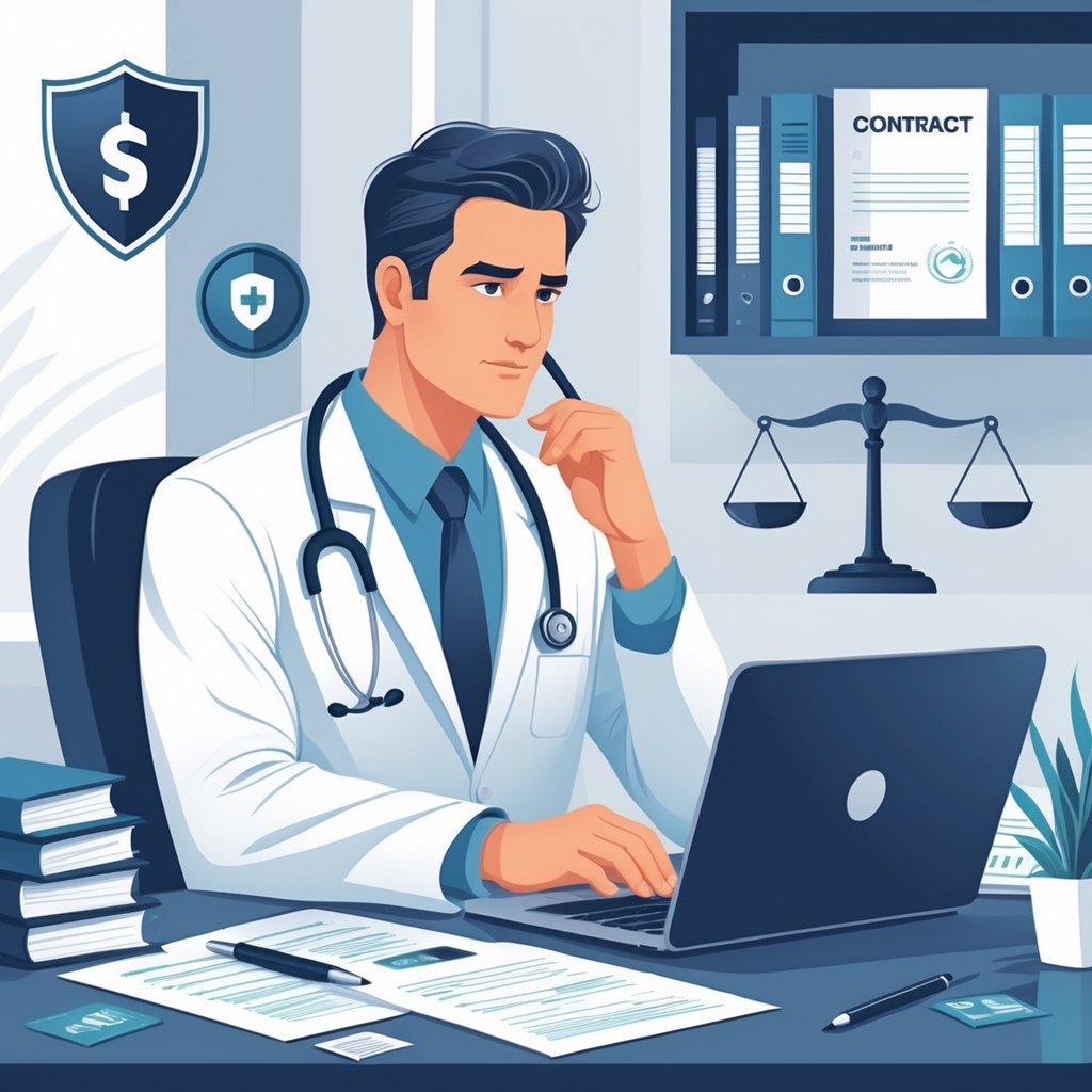 A doctor sitting at a desk in a medical office, looking thoughtful with medical documents and symbolic icons representing insurance and legal matters around them.