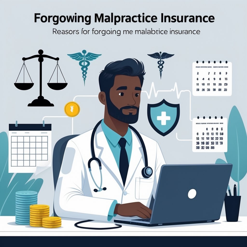 A doctor sitting thoughtfully at a desk in a medical office, surrounded by symbols representing confidence, protection, experience, and financial considerations.