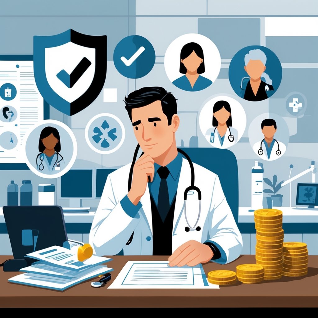A doctor in an office reviewing documents, surrounded by symbols of protection, collaboration, contracts, and finances.