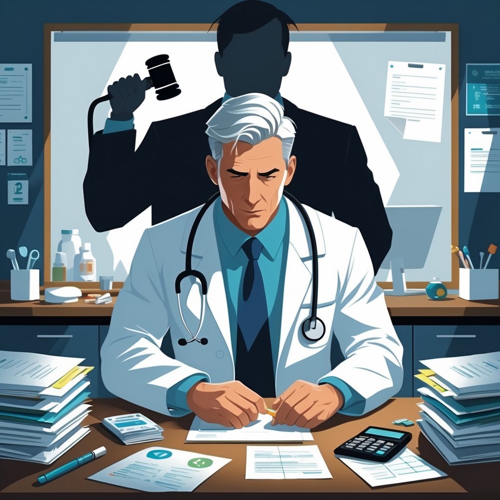 A doctor in a white coat sits at a desk with medical files and legal papers, looking thoughtful and concerned, with a shadowy figure holding a gavel behind them symbolizing legal risks.