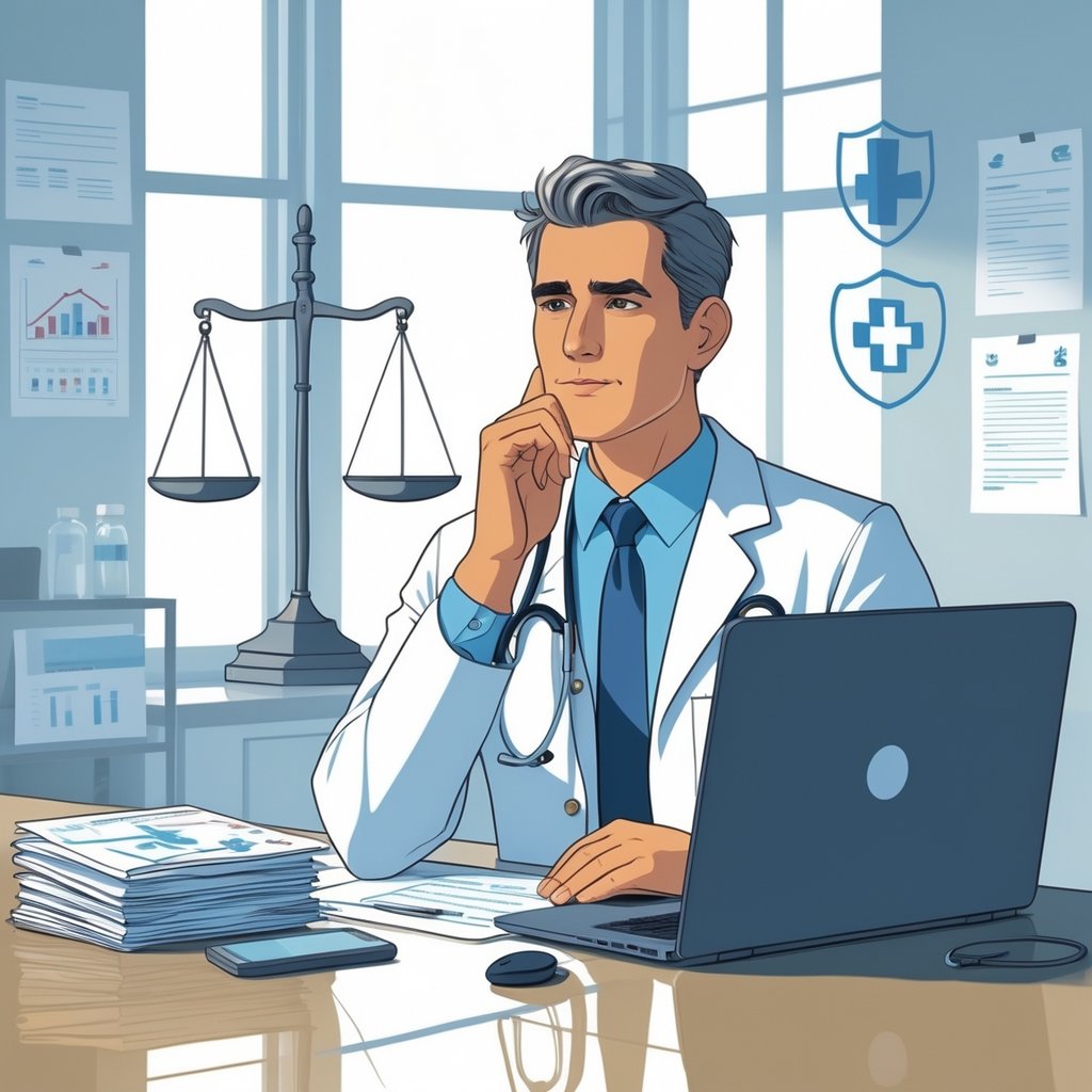 A doctor sitting at a desk in a medical office, looking thoughtful with medical charts and a laptop nearby, surrounded by symbols of risk and protection.