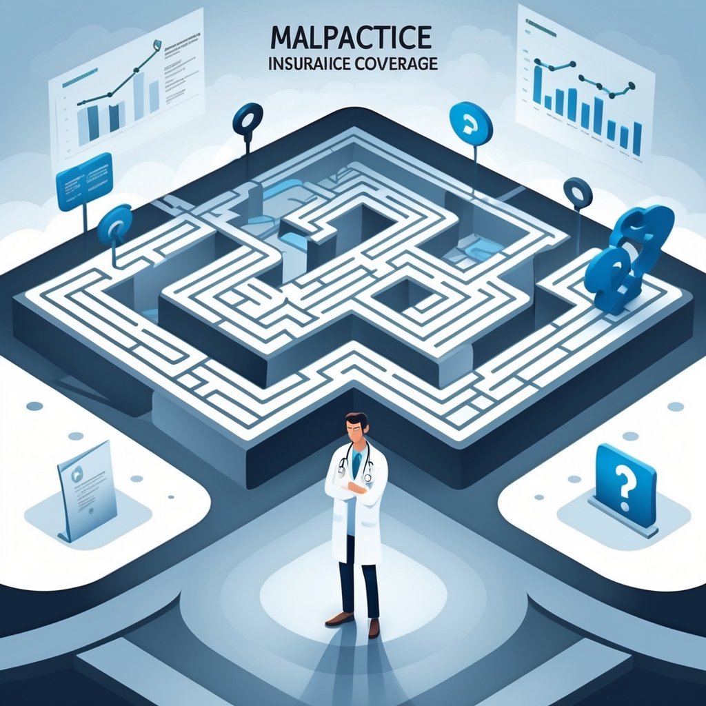 A doctor in a white coat stands at a crossroads with one path leading to a maze filled with legal and insurance symbols, and the other path showing obstacles, with transparent charts and graphs in the background.