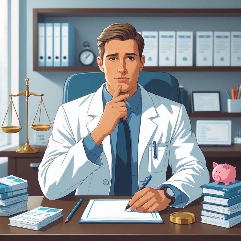 A male doctor in a white coat sits thoughtfully at a desk in a medical office, surrounded by symbols of risk, protection, paperwork, and finances.