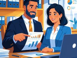 A lawyer and a client reviewing medical bills together in an office, with the lawyer explaining and the client looking relieved.
