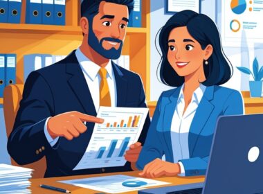 A lawyer and a client reviewing medical bills together in an office, with the lawyer explaining and the client looking relieved.