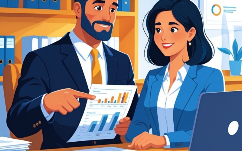 A lawyer and a client reviewing medical bills together in an office, with the lawyer explaining and the client looking relieved.